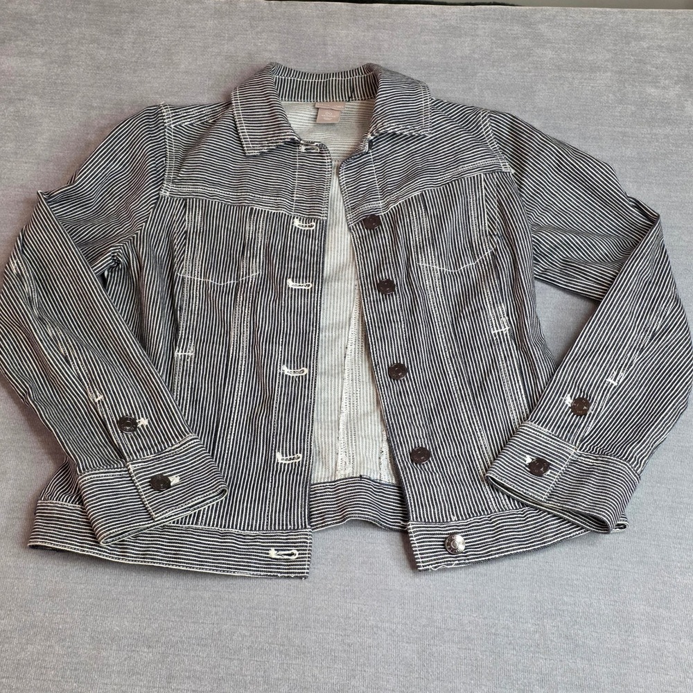 Chico's Denim Jacket Women 00 Navy White Ticking Stripe Railroad Cotton Blend